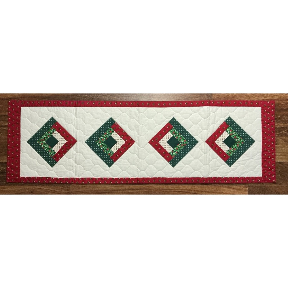 Handmade Diamond Shaped Quilted Patchwork Christmas Table Runner 43in X 13in